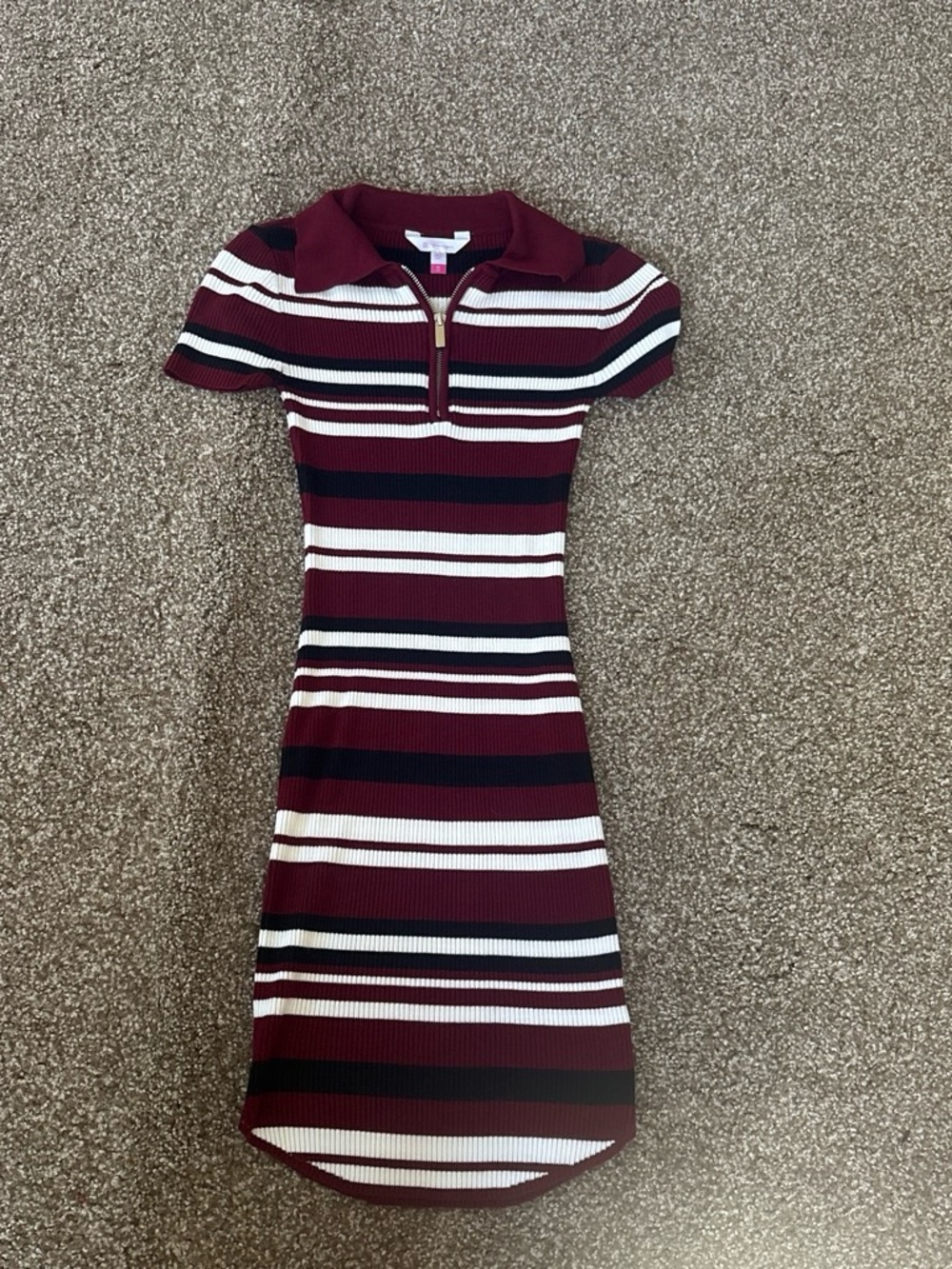 No Boundaries Burgundy, White & Black Striped Polo Midi Dress